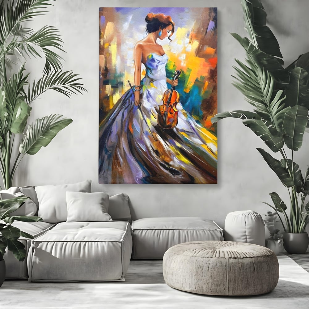 Tablou canvas cu tablou canvas cu femeie si vioara, fara rama, pe sasiu de lemn, pe perete intr-un living
